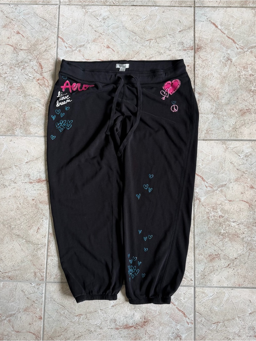 Aeropostale Black Sweatpants with Pink Heart & Blue Accents